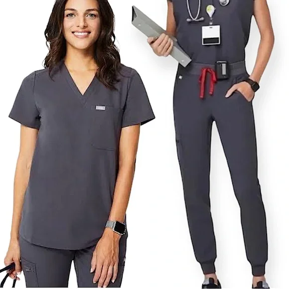 Figs Set Zamora Jogger Pants & Catarina Top Scrubs Charcoal Gray Red Size XXS - Picture 1 of 12